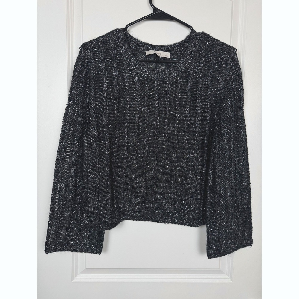LOFT Metallic Open Stitch Sweater Black Silver XSP